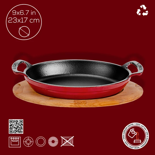 Lava Döküm Oval Sahan Döküm Demir Yekpare Çift Kulplu Kayın Servis Ahşabı Ölçü 23x17cm.  Kırmızı - Resim 4