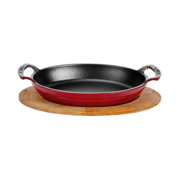 Lava Döküm Oval Sahan Döküm Demir Yekpare Çift Kulplu Kayın Servis Ahşabı Ölçü 23x17cm.  Kırmızı ürün görseli