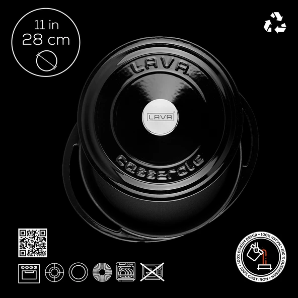 Lava Döküm Çok Amaçlı Yayvan Tencere Döküm Demir Kapak Heritage Serisi Çap(Ø)28cm.  Siyah - Resim 3