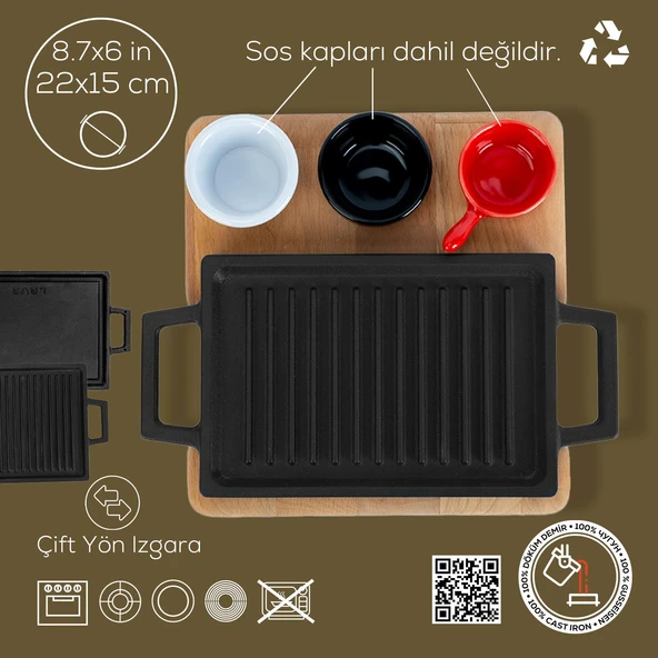 Lava Döküm Dikdörtgen Çift Yön Izgara ve Düz Yüzey Hot Plate Kayın Servis Ahşabı Ölçü 22x15cm. (Sos kapları dahil değildir.) - 3