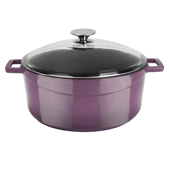 Lava Döküm Yuvarlak Tencere Cam kapaklı. Glaze Çap(Ø)28cm.  Mor