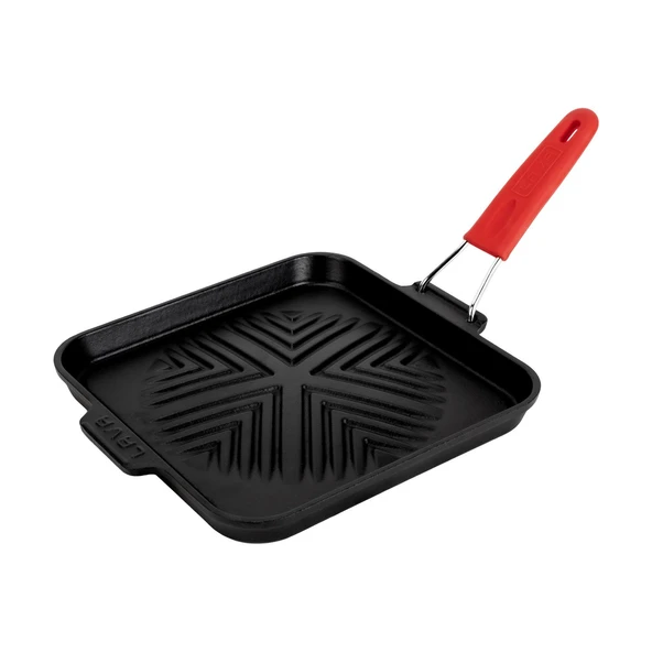 Lava Döküm Kare Sığ Izgara Tavası Snow Serisi Silikon Tel Saplı Ölçü 24x24cm.  Kırmızı - 2