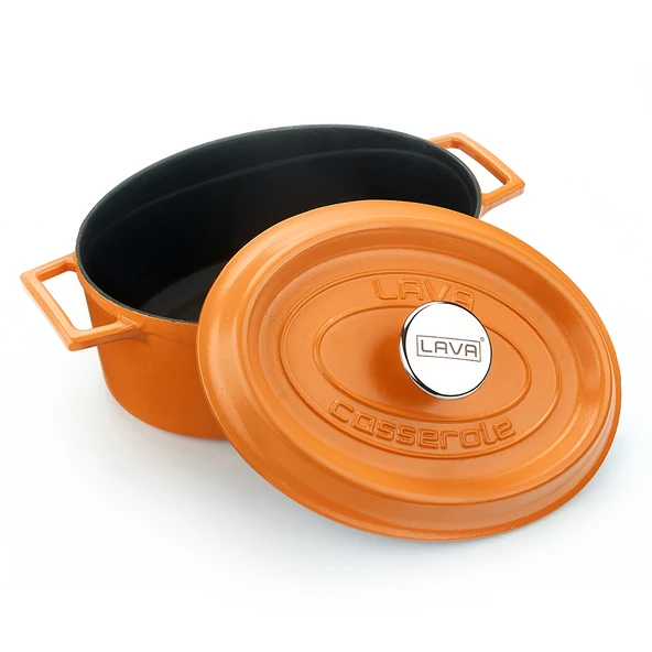 Lava Döküm Oval Tencere Döküm Demir Yekpare Kulplu Spring Serisi Ölçü 21x27cm.  Turuncu - Resim 3