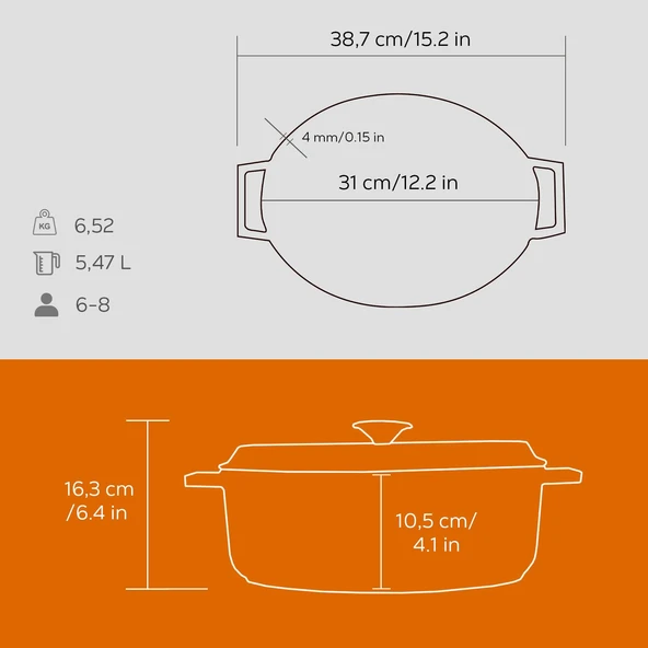 Lava Döküm Oval Tencere. Trendy Serisi Ölçü 25x31cm.  Turuncu - Resim 5