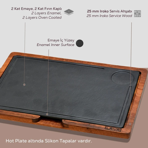 Lava Döküm Ahşap ve Döküm Demir Hot Plate Servis Tahtası. Ölçü 22x33cm. - 4
