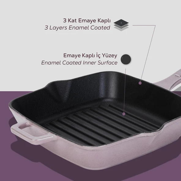 Lava Döküm Kare Izgara Tava Döküm Demir Yekpare Saplı Ölçü 20x20cm.  Mor - Resim 6