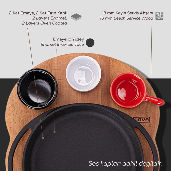 Lava Döküm Yuvarlak Sahan Döküm Demir Yekpare Çift Kulplu Kayın Servis Ahşabı Çap(Ø)20cm. (Sos kapları dahil değildir.) - Resim 4