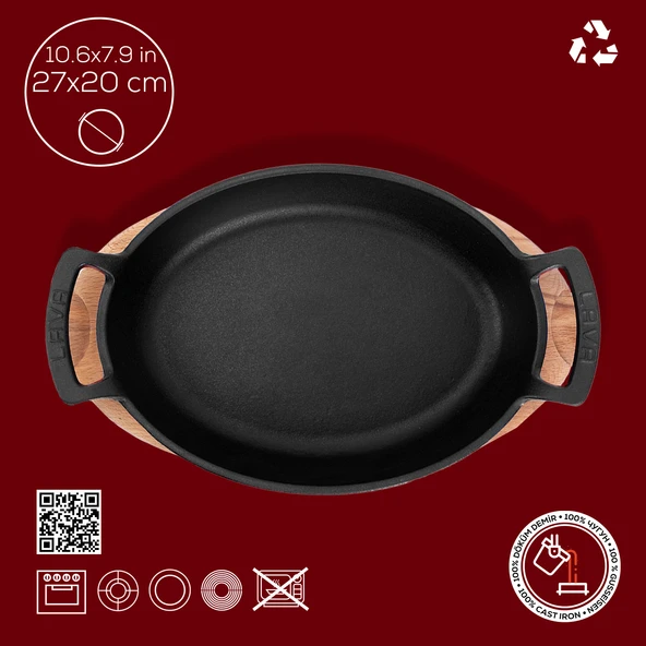 Lava Döküm Oval Sahan Döküm Demir Yekpare Çift Kulplu Kayın Servis Ahşabı Ölçü 27x20cm.  Kırmızı - Resim 5