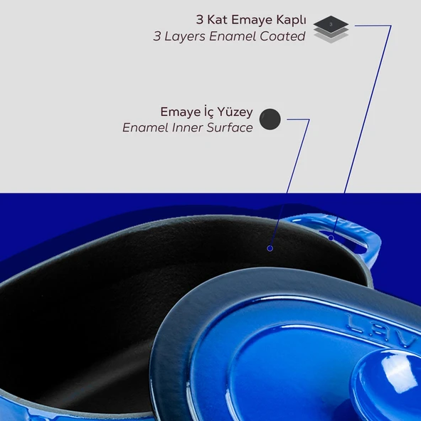 Lava Döküm Oval Tencere Döküm Demir Kapak Experience Serisi Ölçü 24x33cm.  Mavi - Resim 6