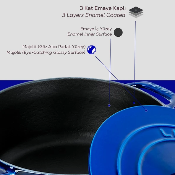 Lava Döküm Yuvarlak Tencere Döküm Demir Kapak Experience Majolik Serisi Çap(Ø)28cm  Mavi - Resim 6
