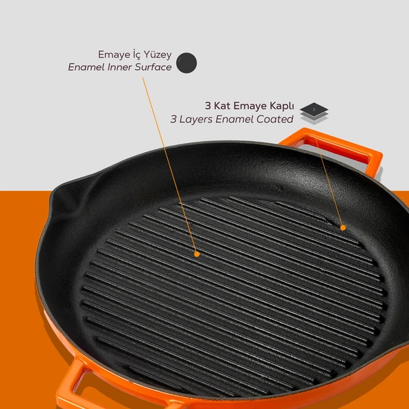 Lava Döküm Yuvarlak Izgara Tavası Döküm Demir Yekpare Çift Kulplu Çap(Ø)26cm.  Turuncu - Resim 6