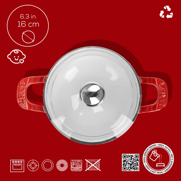 Lava Döküm Mini Wok Yekpare Kulplu Cam Kapaklı Edition Serisi Çap(Ø)16cm.  Kırmızı - Resim 5