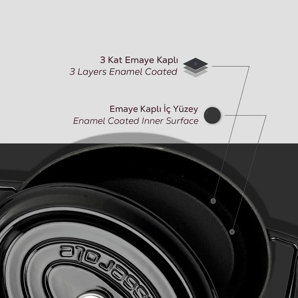 Lava Döküm Oval Tencere. Trendy Serisi Ölçü 21x25cm.  Siyah - Resim 6