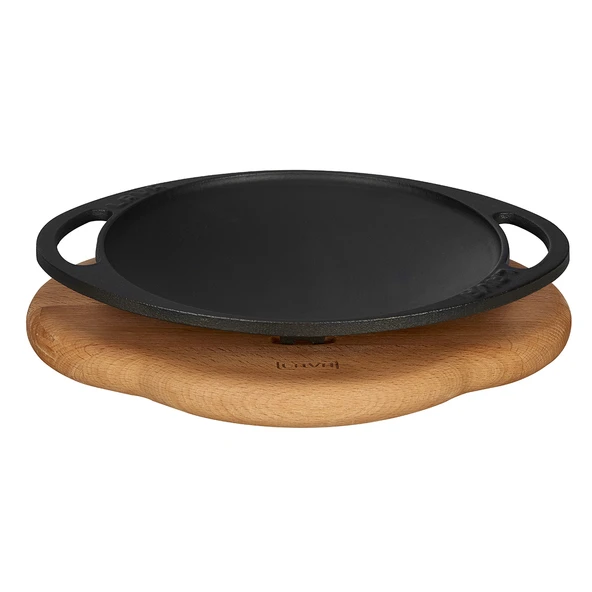 Lava Döküm Yuvarlak Saç Kavurma Tavası Döküm Demir Yekpare Çift Kulplu Kayın Servis Ahşabı Çap(Ø)20cm. ürün görseli 1