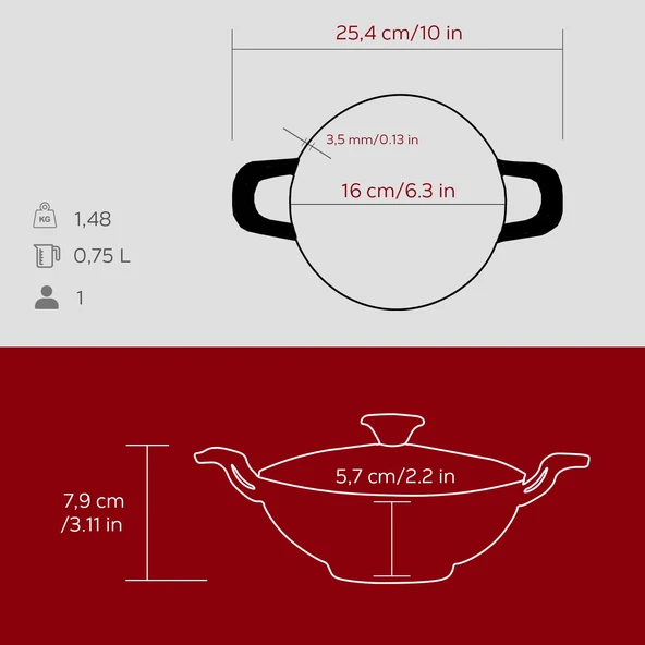 Lava Döküm Mini Wok Yekpare Kulplu Cam Kapaklı Çap(Ø)16cm.  Kırmızı - 4