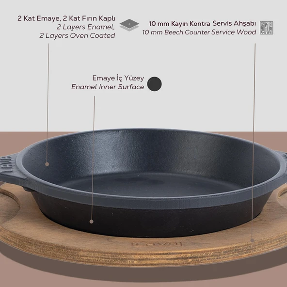 Lava Döküm Yuvarlak Servis Tabağı ve Ahşap altlığı. Çap(Ø)16cm. - 4