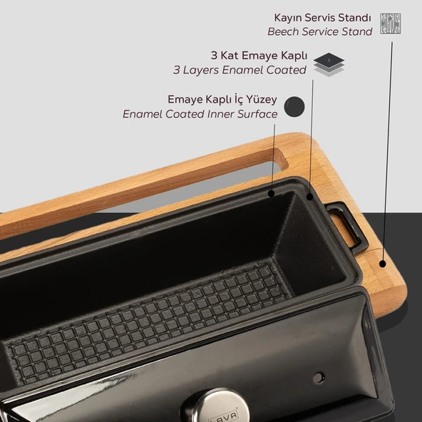 Lava Döküm Ekmek Tenceresi / Kayın Ağacı Servis Standı / Terrine Serisi. Ölçü 11x29cm.  Siyah - Resim 6