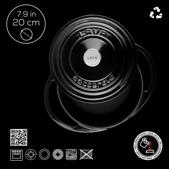 Lava Döküm Yuvarlak Tencere Döküm Demir Kapak Heritage Serisi Çap(Ø)20cm  Siyah - Resim 3