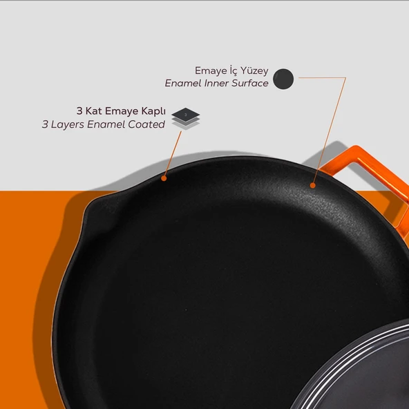 Lava Döküm Yuvarlak Kızartma Tavası Cam Kapaklı Döküm Demir Yekpare Çift Kulplu Çap(Ø)30cm.  Turuncu - Resim 4
