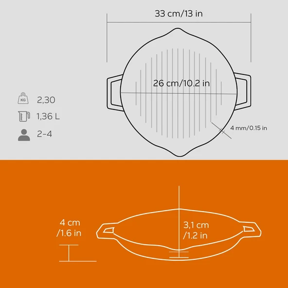 Lava Döküm Yuvarlak Izgara Tavası Döküm Demir Yekpare Çift Kulplu Çap(Ø)26cm.  Turuncu - Resim 5