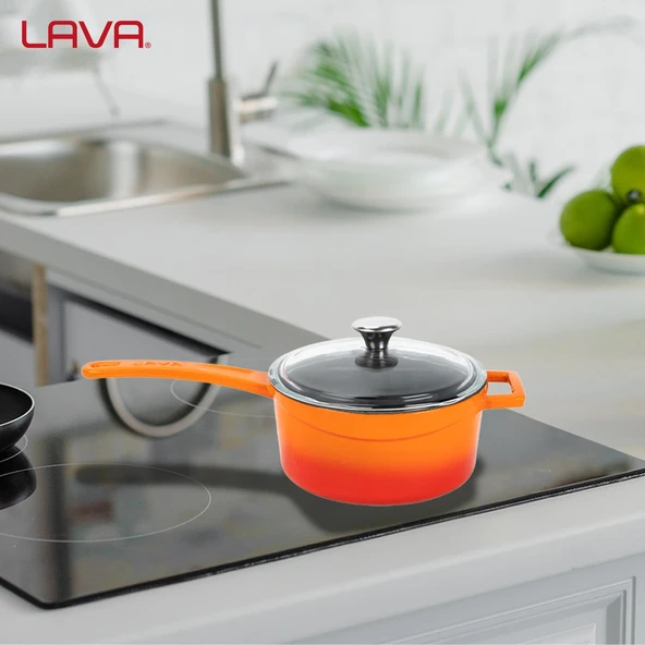 Lava Döküm Yuvarlak Sos Tenceresi Cam kapaklı, Metal Saplı. Glaze Serisi Çap(Ø16 cm.  Turuncu - Resim 7