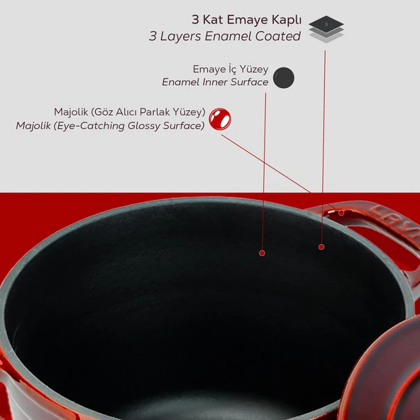 Lava Döküm Yuvarlak Tencere Döküm Demir Kapak Experience Majolik Serisi Çap(Ø)23cm  Kırmızı - Resim 6