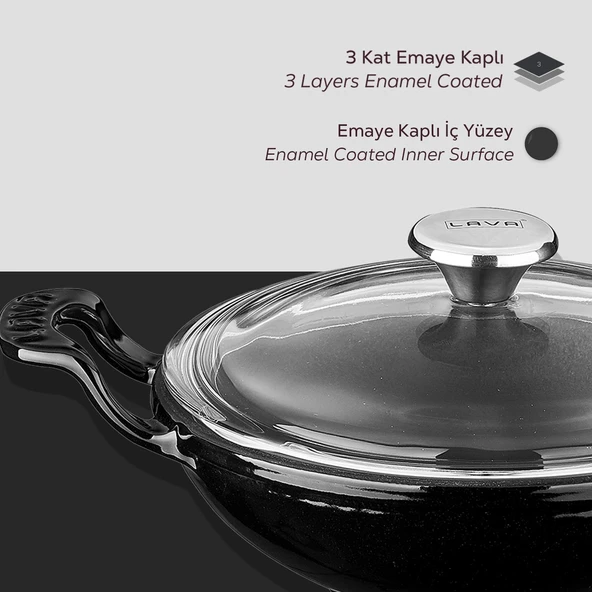 Lava Döküm Mini Wok Yekpare Kulplu Cam Kapaklı Çap(Ø)16cm.  Siyah - 5