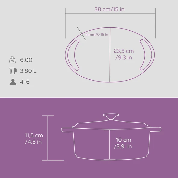 Lava Döküm Oval Tencere Döküm Demir Kapak Heritage Serisi Ölçü 22x28cm.  Mor - Resim 6