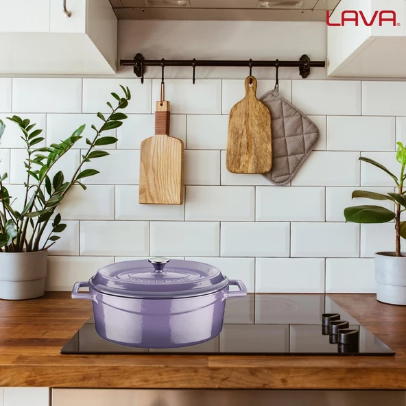 Lava Döküm Oval Tencere. Trendy Serisi Ölçü 21x25cm.  Mor - Resim 7