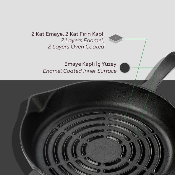 Lava Döküm Yuvarlak Izgara Tava Döküm Demir Yekpare Saplı Radyal Dokulu İç Yüzey Çap(Ø)28cm. - 6