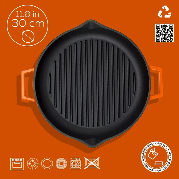 Lava Döküm Yuvarlak Izgara Tavası Döküm Demir Yekpare Çift Kulplu Çap(Ø)30cm.  Turuncu - Resim 4