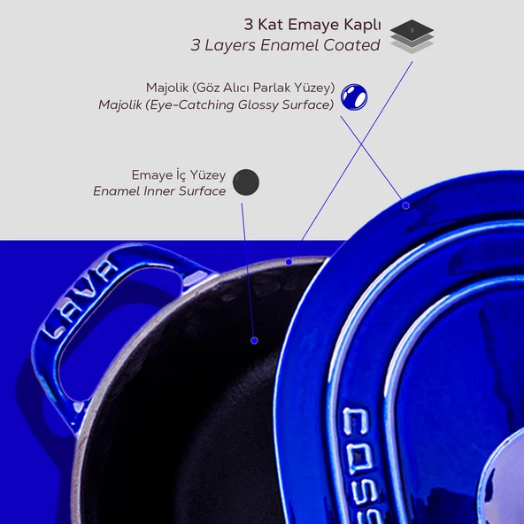 Lava Döküm Oval Tencere Döküm Demir Kapak Experience Majolik Serisi Ölçü 24x33cm.  Mavi - Resim 6