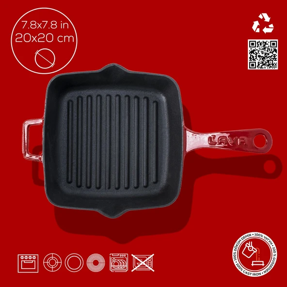 Lava Döküm Kare Izgara Tava Döküm Demir Yekpare Saplı Ölçü 20x20cm.  Kırmızı - Resim 4