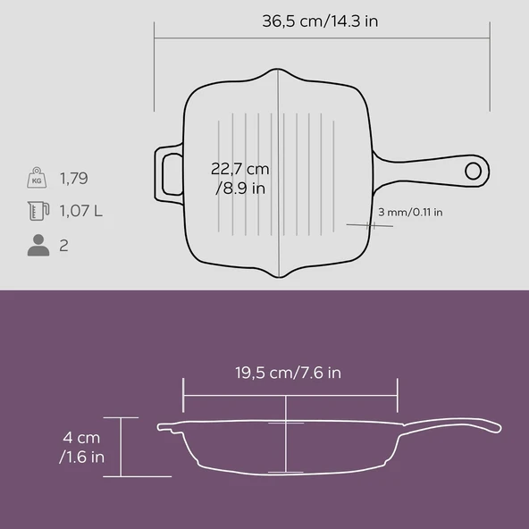 Lava Döküm Kare Izgara Tava Döküm Demir Yekpare Saplı Ölçü 20x20cm.  Mor - Resim 5