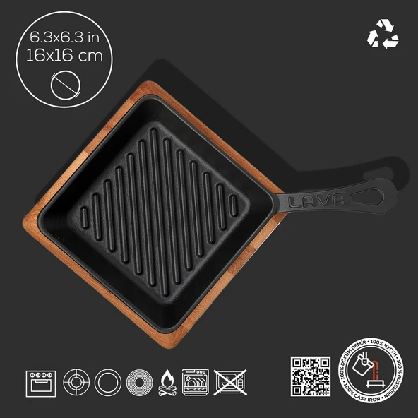 Lava Döküm Mini Kare Izgara Tava Kayın Ahşap Altlıklı Döküm Demir Yekpare Saplı Ölçü 16x16cm. - Resim 4
