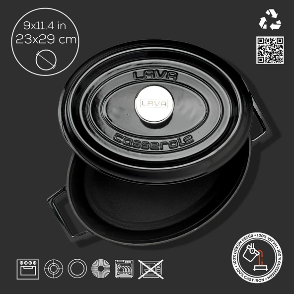 Lava Döküm Oval Tencere. Trendy Serisi Ölçü 23x29cm.  Siyah - Resim 4