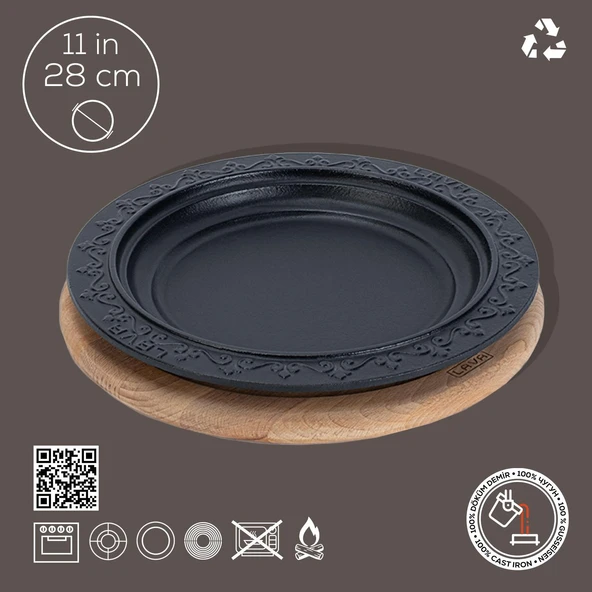Lava Döküm Oval Döner Kebap Tabağı Kayın Servis Ahşabı. Çap(Ø)28cm. - 2