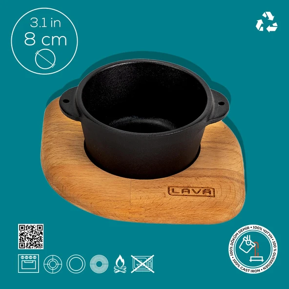 Lava Döküm Yuvarlak Sufle / Sos Kabı ve Ahşap Altlığı. Çap(Ø)8cm. - Resim 4