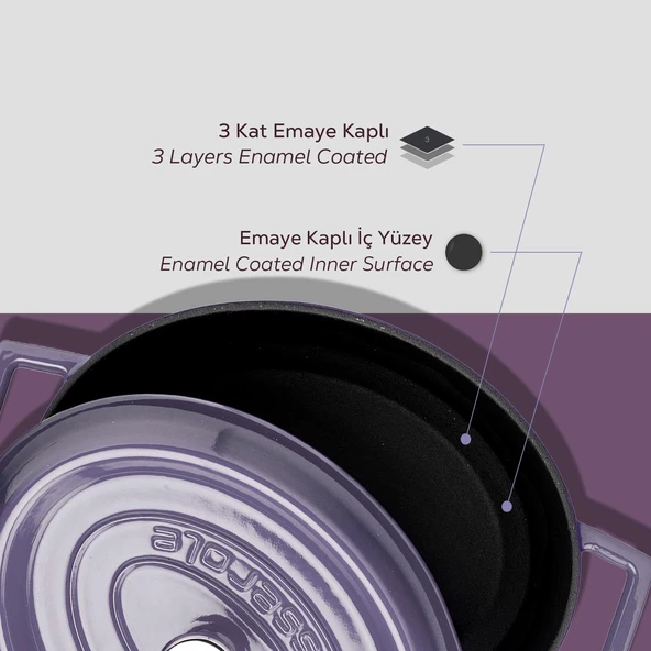 Lava Döküm Oval Tencere. Trendy Serisi Ölçü 21x25cm.  Mor - Resim 6