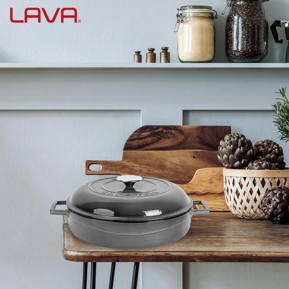 Lava Döküm Çok Amaçlı Yayvan Tencere Döküm Demir Kubbe Form Kapak Premium Serisi Çap(Ø)28cm. Gri - 7