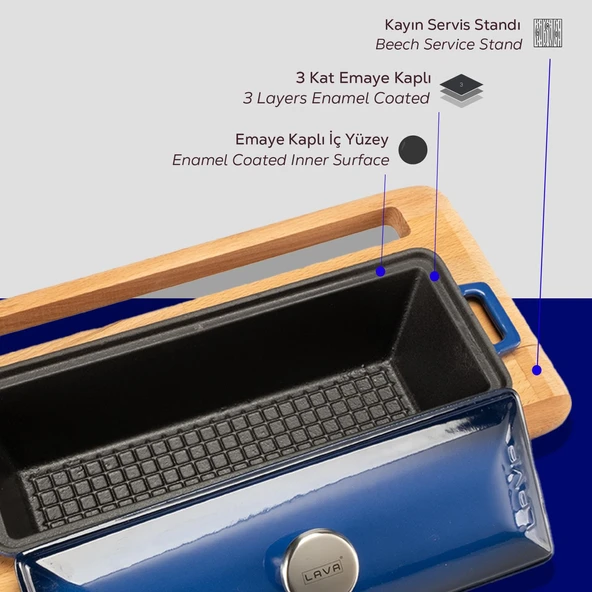 Lava Döküm Ekmek Tenceresi / Kayın Ağacı Servis Standı / Terrine Serisi. Ölçü 11x29cm.  Mavi - Resim 6