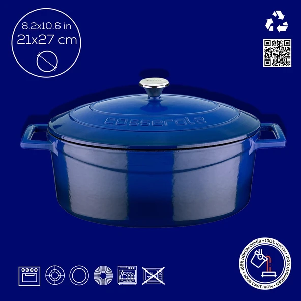 Lava Döküm Oval Tencere. Folk Serisi Ölçü 21x27cm.  Mavi - Resim 4