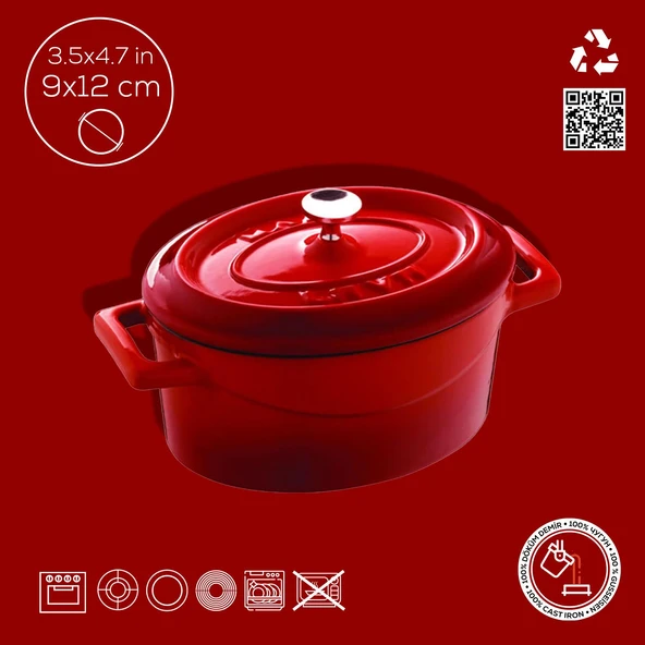 Lava Döküm Mini Oval Tencere. Trendy Serisi Ölçü 9x12cm.  Kırmızı - Resim 4