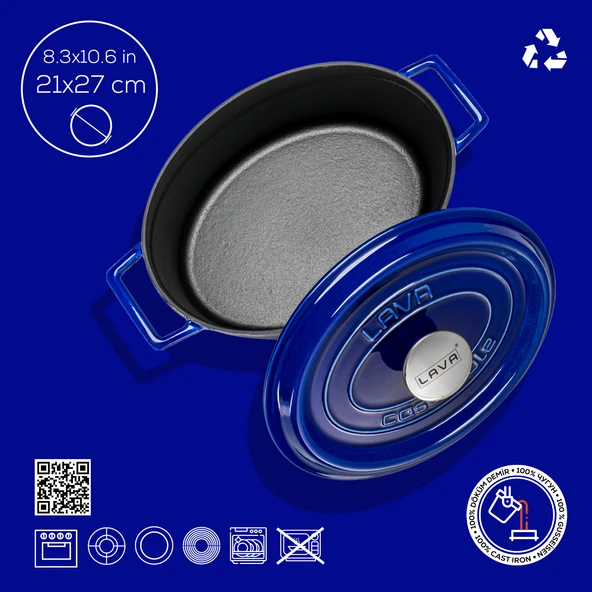 Lava Döküm Oval Tencere Döküm Demir Yekpare Kulplu Premium Serisi Ölçü 21x27cm.  Mavi - Resim 5