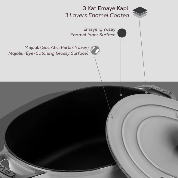 Lava Döküm Oval Tencere Döküm Demir Kapak Experience Majolik Serisi Ölçü 24x33cm.  Gri - Resim 6