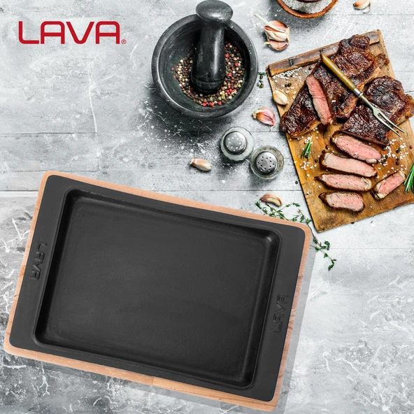 Lava Döküm Dikdörtgen Servis Tabağı ve Kayın Servis Ahşabı. Ölçü 36x24cm. - 5