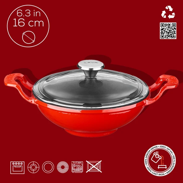 Lava Döküm Mini Wok Yekpare Kulplu Cam Kapaklı Çap(Ø)16cm.  Kırmızı - 3