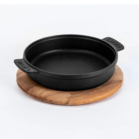 Lava Döküm Yuvarlak Güveç Kabı Döküm Demir Yekpare Çift Kulplu Kayın Servis Ahşabı Çap(Ø)17cm.