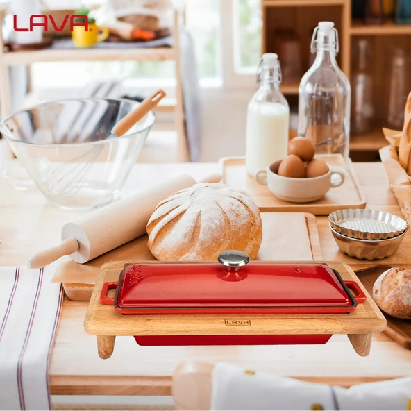 Lava Döküm Ekmek Tenceresi / Kayın Ağacı Servis Standı / Terrine Serisi. Ölçü 11x29cm.  Kırmızı - Resim 7