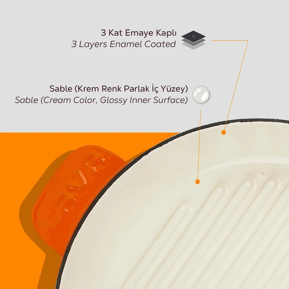 Lava Döküm Yuvarlak Izgara Tavası Döküm Demir Yekpare Saplı Edition Serisi Çap(Ø)28cm.  Turuncu - 6
